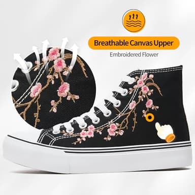 ZGR Womens High Top Canvas Sneakers,Black White Embroidery Canvas Shoes for Women,Fashion Casual Tennis Walking Shoes(Black&Red Embroidery.US7) - Image 2