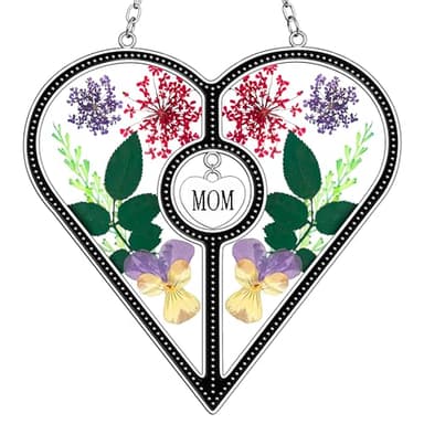KY&BOSAM Heart Suncatcher Mom Stained Glass for Windows Hangings Wind Chimes with Pressed Flower Heart in Glass with Metal Trim Heart Charm Birthday Gifts for Women Mother`s Day Christams Home Decor - Image 9