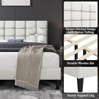 Yaheetech Upholstered Bed Frame, Modern Full Bed Platform with Square Stitched&Button Tufting Headboard Height Adjustable, Wooden Slats Support, No Box Spring Needed, Full Size, Beige - Image 4