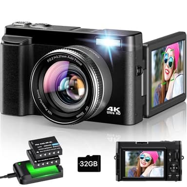 4K Digital Camera for Photography - Autofocus 48MP Vlogging Camera for YouTube with 3'' 180°Flip Screen - 16X Digital Zoom, Anti-Shake Camera for Vlogging with SD Card, 2 Batteries & Charging Stand - Image 1