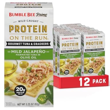 Bumble Bee Prime Protein on the Run Tuna Snack Kit, Pack of 12 - Gourmet Tuna Marinated in Olive Oil & Mild Jalapeno with Crackers and Serving Utensil - 20g of Protein Per Serving - Image 1