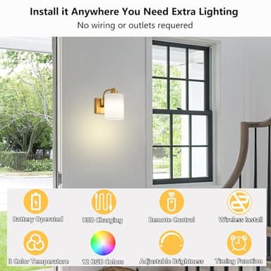 ZZ Joakoah Battery Operated Wall Sconce Set of 2, Dimmable with Remote Control, 15 Colors Indoor Wireless Wall Mounted Lamp with Rechargeable Bulb, Wall Lighting for Bedroom Living Room, Gold - Image 2