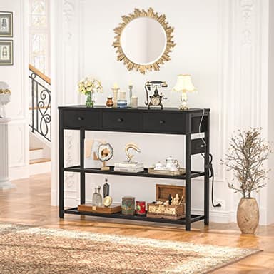 Ecopriso 47'' Entryway Table with Outlets and USB Ports, Console Table with 3 Drawers, Sofa Table Narrow Long with Storage Shelves for Living Room, Couch, Hallway, Foyer, Kitchen Counter, Black - Image 2