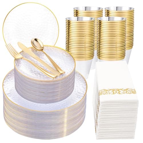 Rubtlamp 350 Pcs Clear Gold Plastic Plates, Hammered Disposable Dinnerware, Clear-Gold Plates Set Include 100 Plastic Platos, 150 Gold Disposable Silverware, 50 Cups And 50 Napkins for Party - Image 1