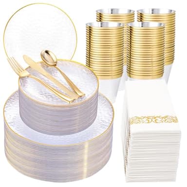 Rubtlamp 350 Pcs Clear Gold Plastic Plates, Hammered Disposable Dinnerware, Clear-Gold Plates Set Include 100 Plastic Platos, 150 Gold Disposable Silverware, 50 Cups And 50 Napkins for Party - Image 1