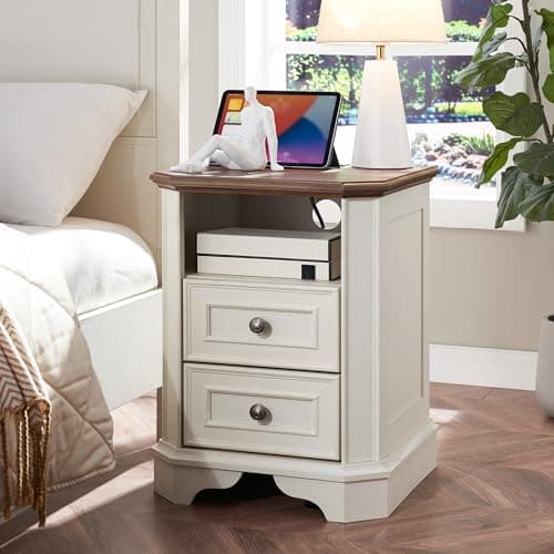 T4TREAM Farmhouse Nightstand with Charging Station, 18" End Table with 2 Drawers, Wood Side Table, Bedside Cabinet for Bedroom, Living Room (Antique White) - Image 1