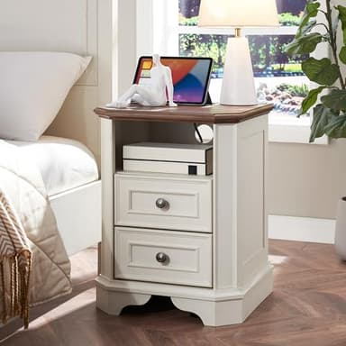 T4TREAM Farmhouse Nightstand with Charging Station, 18" End Table with 2 Drawers, Wood Side Table, Bedside Cabinet for Bedroom, Living Room (Antique White) - Image 1
