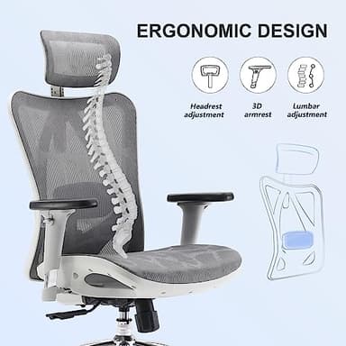 SIHOO M57 Ergonomic Office Chair with 3 Way Armrests Lumbar Support and Adjustable Headrest High Back Tilt Function Light Grey, M57-M114 - Image 5