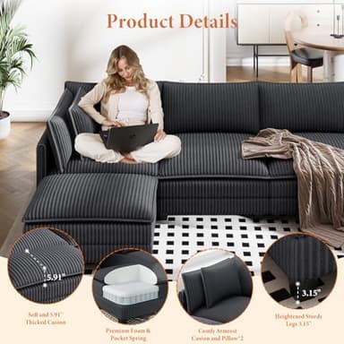 Vesgantti 143" L Shaped Modular Sectional Sofa, Comfy Corduroy Upholstered Modular Sectional Couches for Living Room, Modern Cloud Couch with Ottoman Deep Seat, Dark Grey - Image 3