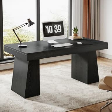 Tribesigns 55 Inches Executive Desk, Mid-Century Modern Home Office Desk with Double Trapezoid Base, Wood Computer Desk Business Workstation Desk Small Conference Table, Black - Image 1