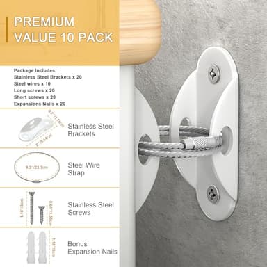 Booda Brand Furniture Anchors (10 Pack) for Baby Proofing, Furniture Straps Anti Tip Furniture Anchor Securing 400 lbs/Keep Baby Pet Safety from Falling Furniture, Metal White Earthquake Straps - Image 3