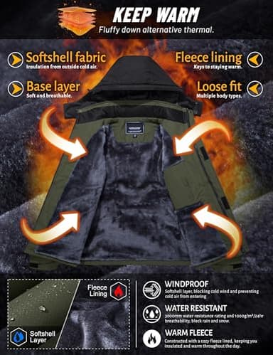 TACVASEN Men's Tactical & Snowboard Jacket - Military Winter Parka, Water Resistant, Green - Image 3