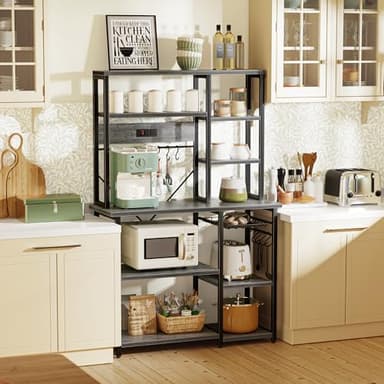 SUPERJARE Large Bakers Rack with Power Outlets, 6-Tier Microwave Stand, Coffee Bar with 12 S-Shaped Hooks, Kitchen Shelf with Wire Basket, 39.3 x 15.5 x 66.9 Inches, Charcoal Gray - Image 2