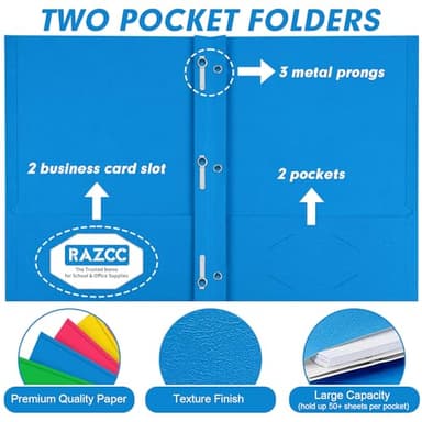 Two Pocket Folders, RAZCC 100 Pack Two Pocket with Prongs, 3 Prong Folders Fit Letter Size Paper, Pocket Paper File Folders for School Office Home Business, Assorted 5 Colors - Image 3