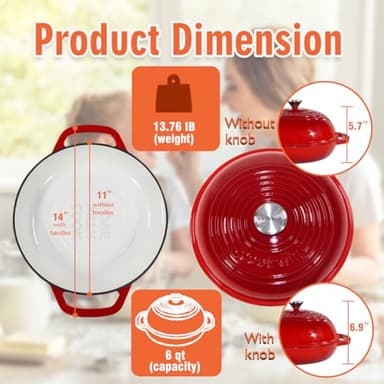 Enameled Cast Iron Dutch Oven with Lid,11”Dutch Oven for Homemade Bread,6 Quart Bread Pans,Bread Oven for Sourdough Bread Baking-with Silicone Baking Mat,Red Thick Enamel Bread Pan-Gifts for Family - Image 4