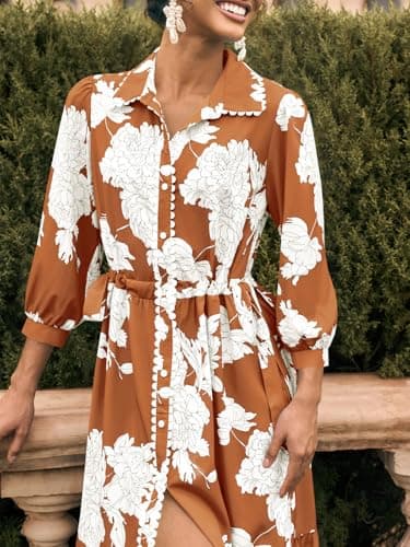 Wenrine Womens Maxi Shirt Dress Casual Floral Collared 3/4 Long Sleeve Drawstring Waist Fall Button Down Dresses Brown - Image 4