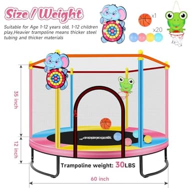 LASTJUMPER 60" Pink Indoor Trampoline for Kids 2-5, 5ft Mini Indoor & Outdoor Small Toddler Trampoline with Basketball Hoop, Dart Board, Ocean Ball,Baby Toys, Birthday Gifts for Kids - Image 2