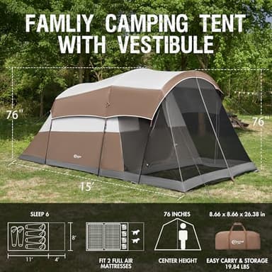 Portal 6 Person Family Camping Tents with Screen Porch, Weater Resistant 7' Tall Tent with Rainfly & Upgrated Poles, Easy Setup Tent for Outdoor Family Camping - Image 2