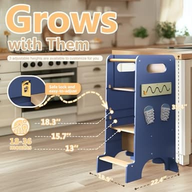 Toddler Tower 4-in-1 Multifunctional Kitchen Step Stool Helper with Removable Safety Board, Adjustable Heights, Slide, Highchair, Chalkboard, Montessori Games-Blue - Image 4