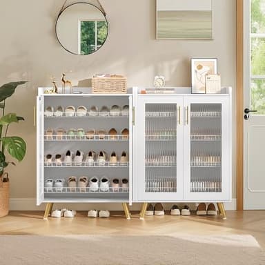 VECELO Shoe Cabinet Storage for Entryway, 4-Tier Free Standing Organizer with Doors and Shelves, Large Capacity for Hallway, Ivory White - Image 4