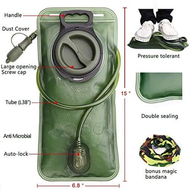 Hydration Bladder, 2L Water Bladder for Hiking Backpack, BPA-Free Leak Proof Water Reservoir Storage Bag, Hydration Pack Replacement for Camping Cycling Running, Military Green - Image 2