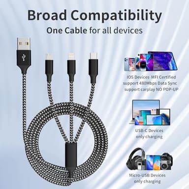 Multi Charging Cable,(2Pack 4FT) 3 in 1 Charging Cable for Multiple Devices, Nylon Braided Universal Charger Phone Charger Cord with Type-C,Micro USB,IP Port for iPhone16/15 Series/Phone&Pad - Image 6
