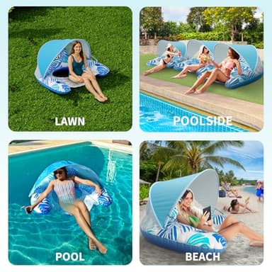 Pool Float for Adults with Canopy, XL Inflatable Chair Lounge Floaties with Adjustable Sun Shade Cover, Drink Holder, Ergonomic Headrest - Image 5