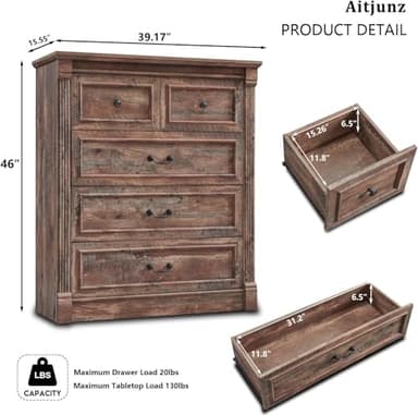 Aitjunz Farmhouse 5 Drawers Dresser for Bedroom, 46" Tall Dressers & Chests of Drawers w/Roman Column, Large Storage Dressers Organizer for Bedroom, Hallway, Living Room, Light Brown - Image 2