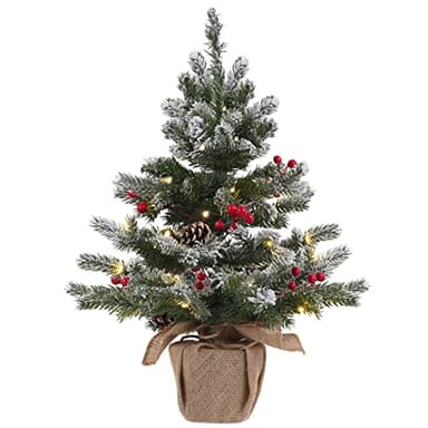 24 Inch 2 FT Pre-lit Snowy Mini Christmas Tree, DECSPAS Small Tabletop Flocked Christmas Tree with 20 LED Lights Red Berries Pine Cones and Cloth Bag Base Xmas Decorations for Holiday Party (Color A) - Image 1
