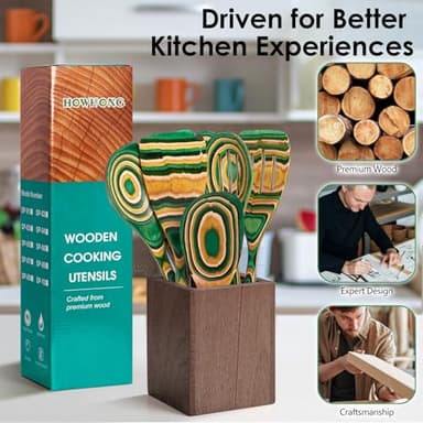 Kitchen Pakkawood Wooden Spoons for Cooking – 7-Piece Kitchen Utensil Set with Spatula, Corner Spoon, Rice Paddle – Nonstick Safe Durable Wooden Cooking Tools for Home Kitchen by Howhong (Oasis) - Image 6