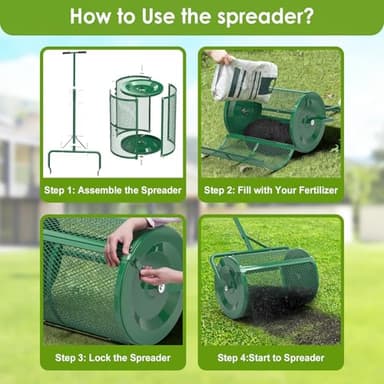 Seeutek Compost Spreader - 24" Peat Moss Spreader with 3 Heights, Top Soil Spreader W/Upgraded Side Latches Support Rod Powder Coated Metal Mesh Top Dressing Spreader for Lawn, 2 Way Uses-Push or Tow - Image 6