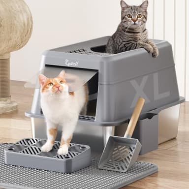 Rywell Stainless Steel Litter Box, Covered XL Extra Large Cat Litter Box Enclosure, Metal Kitty Litter Boxes with Lid, Litter Scoop, Filter Pedal and Litter Mat, Anti-Leakage, Non-Stick, Easy to Clean - Image 1