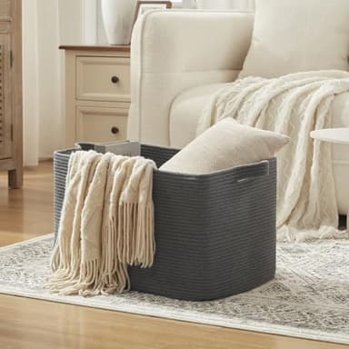 OIASKET 95L Extra Large Blanket Basket, 24" x 16.9" x 14.2" Woven Storage Basket for Living Room, Nursery Blanket Storage for Toys, Towels, Dirty Clothes (Grey) - Image 2