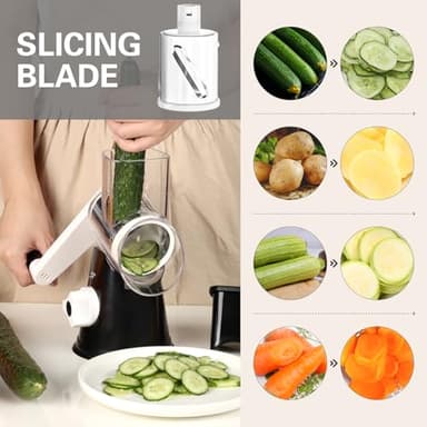 Cambom Rotary Cheese Grater Hand Crank Cheese Shredder for Fresh Cheese, Vegetable, Nuts,Non-slip Suction Base, Free Cleaning Brush Three Blades, Black - Image 5