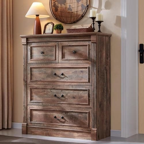 Aitjunz Farmhouse 5 Drawers Dresser for Bedroom, 46" Tall Dressers & Chests of Drawers w/Roman Column, Large Storage Dressers Organizer for Bedroom, Hallway, Living Room, Light Brown - Image 1
