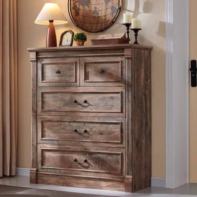 Aitjunz Farmhouse 5 Drawers Dresser for Bedroom, 46" Tall Dressers & Chests of Drawers w/Roman Column, Large Storage Dressers Organizer for Bedroom, Hallway, Living Room, Light Brown - Image 1