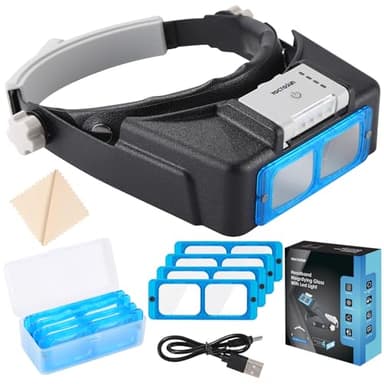 YOCTOSUN Magnifying Glasses with Light for Close Work, Rechargeable Headband Magnifier with 4 Lenses 1.5X-3.5X, Hands Free Magnifying Glass Visor for Jewelers, Crafts, Hobby - Image 1