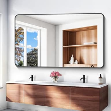 BONEWEI 60x36 inch Large Bathroom Mirror,Black Rectangle Mirror,Wall Mounted Bathroom Frame Vanity Mirror with Round Corner for Bedroom Living Room, Entryway Hangs Horizontal or Vertical - Image 2