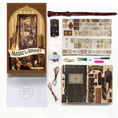 Book Nook Kit w/Remote Wand, DIY Dollhouse Booknook Magic 3D Bookshelf Insert Decor Craft Building Set Gift for Teens Adults as Halloween Christmas Day Gift - Magic Library-Brown - Image 4