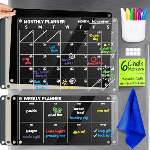 Acrylic Calendar for Fridge - Magnetic Calendar for Refrigerator - 2pc Family Refrigerator Magnetic Dry Erase Planning Board Monthly Weekly - 6 Liquid Chalk Markers & 3 Interchangeable Backgrounds - Image 1