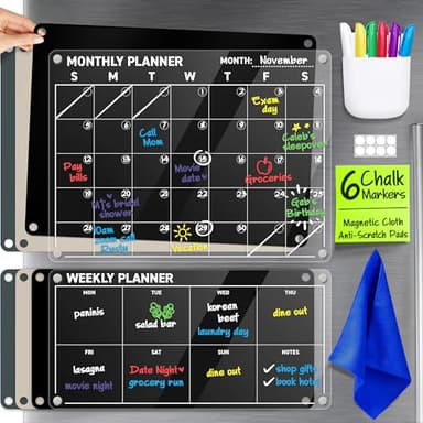 Acrylic Calendar for Fridge - Magnetic Calendar for Refrigerator - 2pc Family Refrigerator Magnetic Dry Erase Planning Board Monthly Weekly - 6 Liquid Chalk Markers & 3 Interchangeable Backgrounds - Image 1