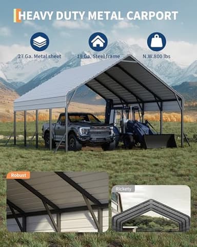 Garveelife 20'x20'x13' Metal Carport for 2 Cars, Heavy Duty Steel Frame for All Weather, Permanent Shelter for Boats, Full-Sized Pickup Trucks, and Tractors, N.W. 800 Lbs - Image 5