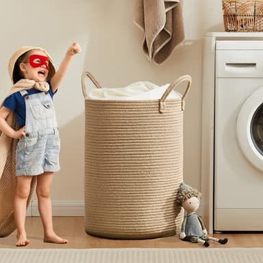 MOJOSCEND 80L Extra Large Jute Woven Hamper Laundry Basket Wicker Rope Clothes Hamper for Baby Nursery Kids Tall Rattan Blanket Basket in Living Room Bedroom - Image 5