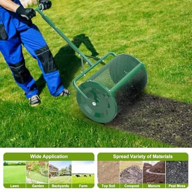 Seeutek Compost Spreader - 24" Peat Moss Spreader with 3 Heights, Top Soil Spreader W/Upgraded Side Latches Support Rod Powder Coated Metal Mesh Top Dressing Spreader for Lawn, 2 Way Uses-Push or Tow - Image 8