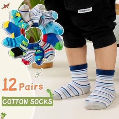 AMENLAN Toddler Non Slip Grips Socks Kids Anti Skid Baby Boys Girls Cotton Crew Socks 12 Pairs (Colored Stripes, 1-3 Years) - Image 5