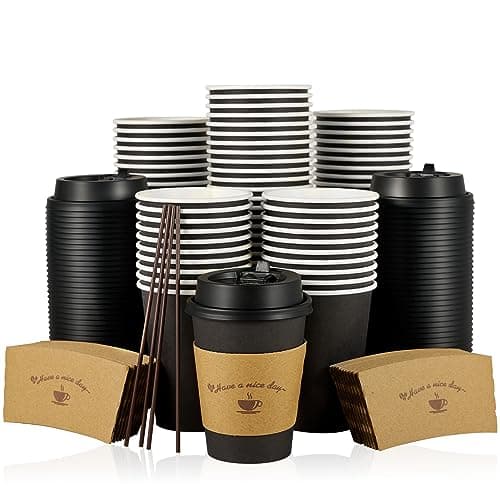 LITOPAK 100 Pack 12 oz Paper Coffee Cups for Hot Chocolate Drinks, Black Disposable Coffee Cups with Lids, Sleeves and Stirring Sticks for Parties, Picnic, Travel, and Events - Image 1