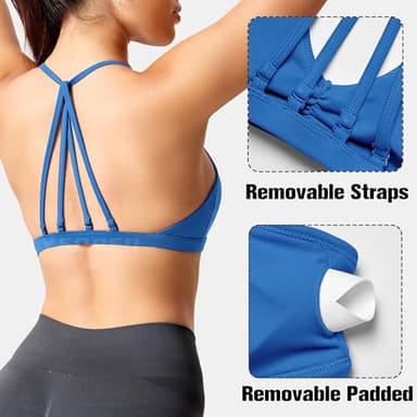 YEOREO Workout Sports Bras for Women Padded Strappy Open Back Gym Bra Light Impact Criss Cross Yoga Crop Top Azure Blue L - Image 4