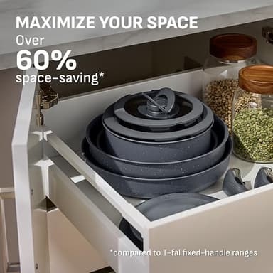 T-fal Ingenio Essentials Cookware Set with Detachable/Removable Handle 11 Piece, Granite Titanium Non Stick, Oven Broiler Safe 500F, Stackable, Pots and Pans Set, Frying Pans, Dishwasher Safe, Gray - Image 3