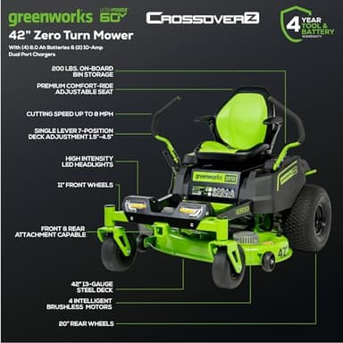 Greenworks 60V 42” Cordless Electric CrossoverZ Zero Turn Riding Mower, (4) 8.0Ah Batteries and (2) Dual Port Turbo Chargers - Image 2