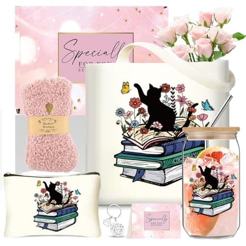 DHQH Cat Lovers Gift Box - Cute Flower Tote Bag & Glass Cup for Cat Moms Ideas for Family - Image 1
